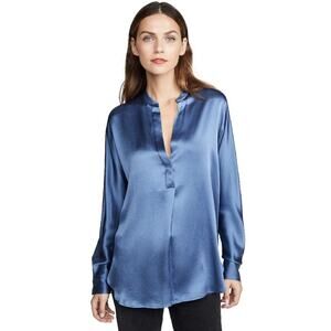 Vince Silk Satin Band-Collar Blouse - Blue - Medium